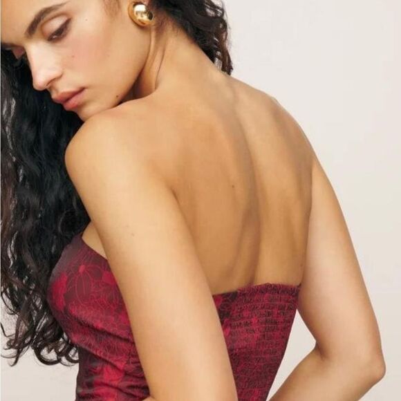 Reformation Giorgia strapless top in Red floral jacquard - size 12 NEW - Picture 8 of 10